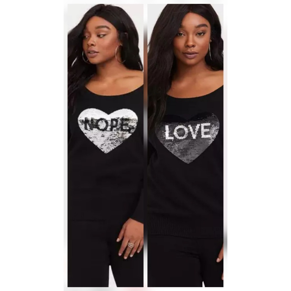 Torrid Sz 1 Black and Silver Reversible Sequin Heart Pullover Sweater Black